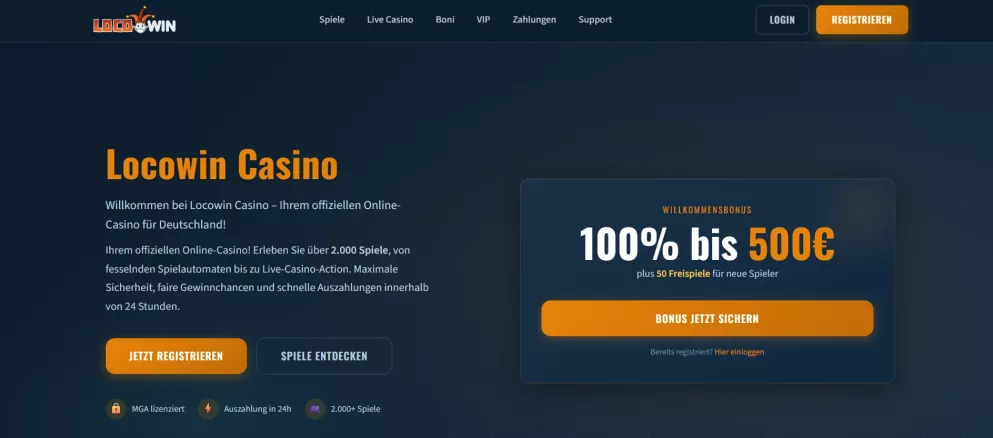 Locowin Casino – 100% Bonus bis 500€ + 50 Freispiele für neue Spieler in Deutschland